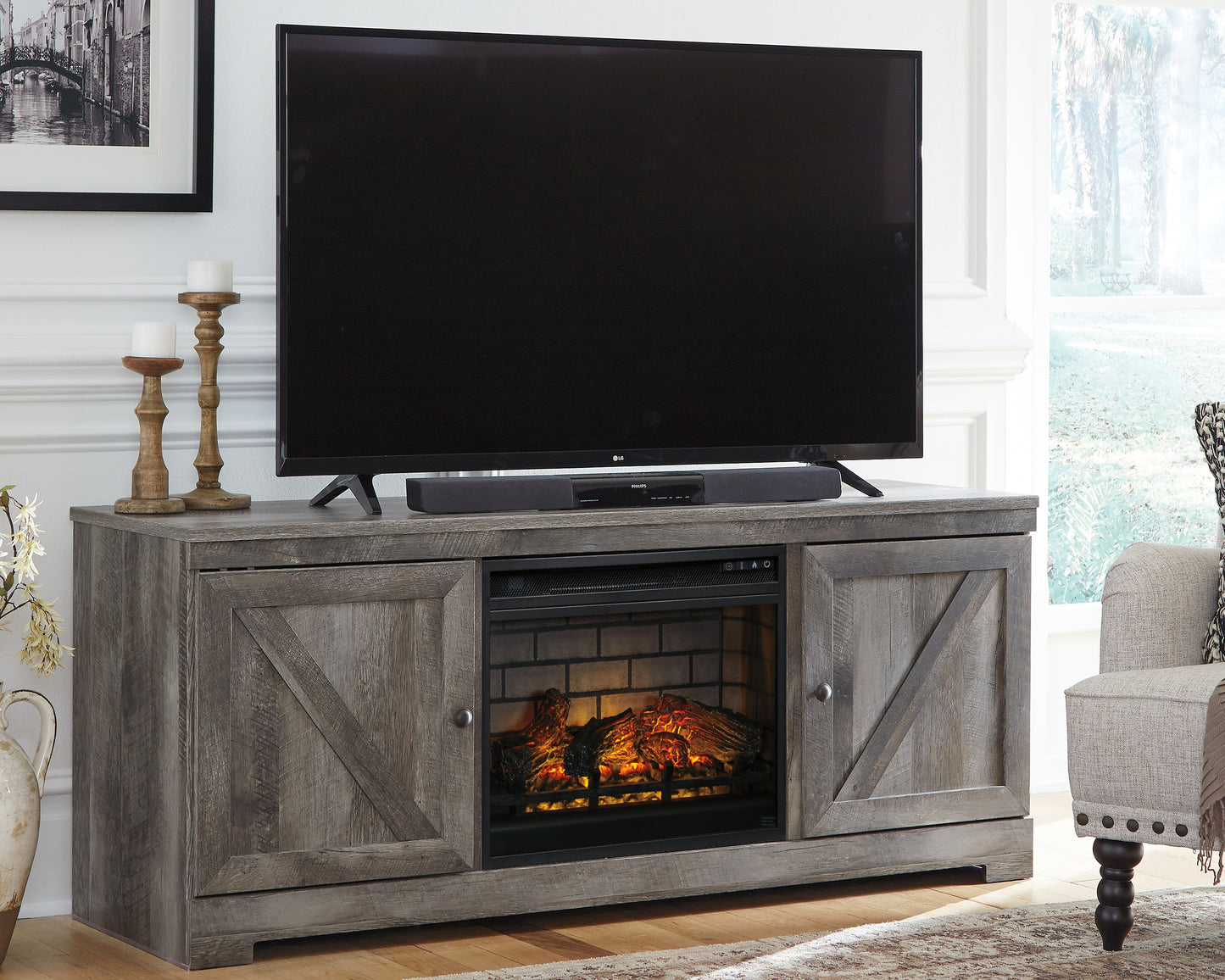 Stuart Furniture Outlet - Ashley Furniture - Wynnlow 63" TV Stand with Electric Fireplace - 63" TV Stand with Electric Fireplace / Gray - W440W9