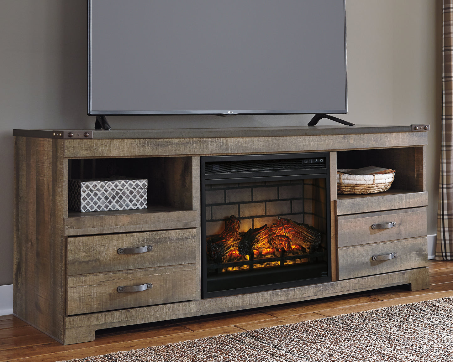 Stuart Furniture Outlet - Ashley Furniture - Trinell 63" TV Stand with Electric Fireplace - 63" TV Stand with Electric Fireplace / Brown - W446W9