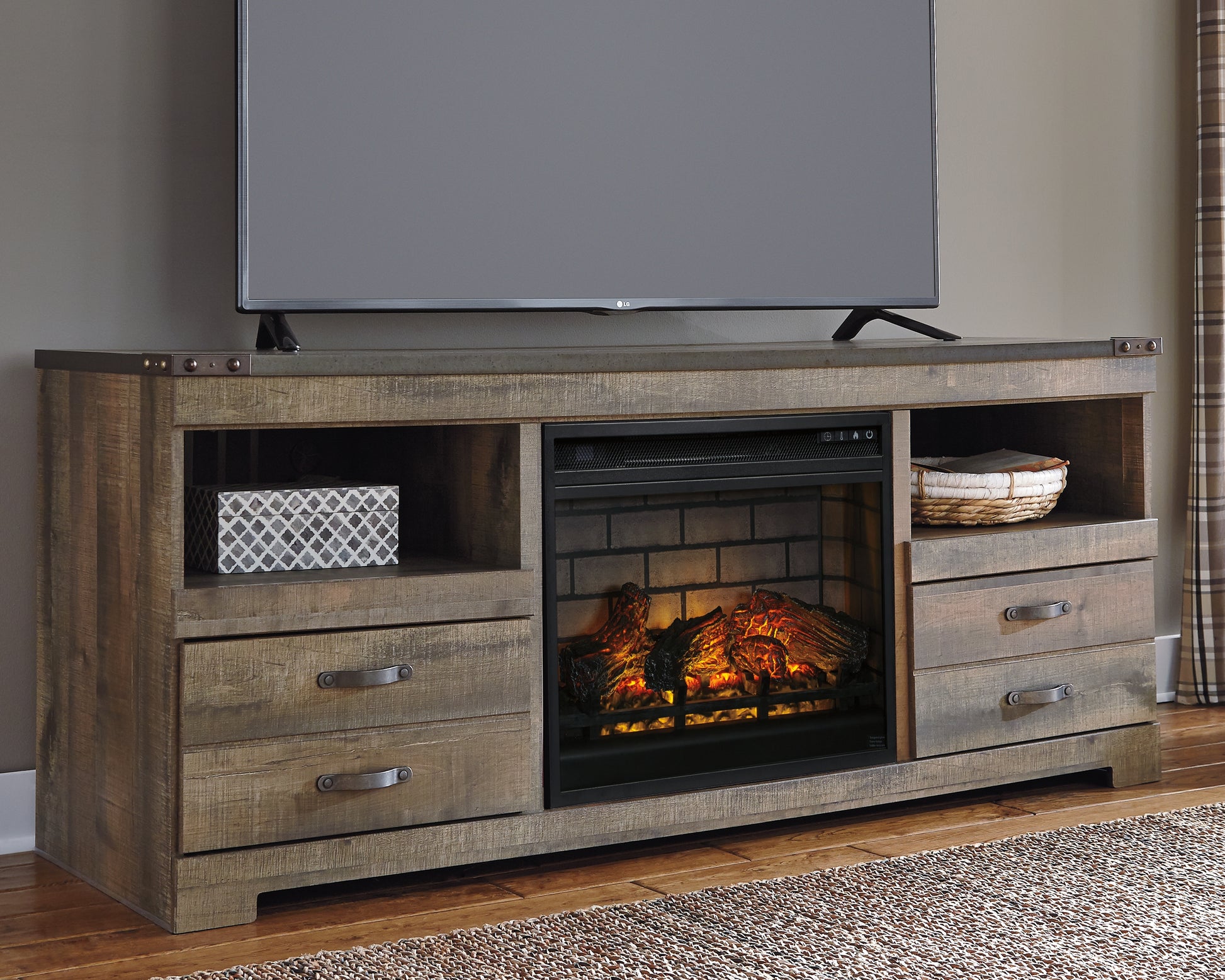 Stuart Furniture Outlet - Ashley Furniture - Trinell 63" TV Stand with Electric Fireplace - 63" TV Stand with Electric Fireplace / Brown - W446W9