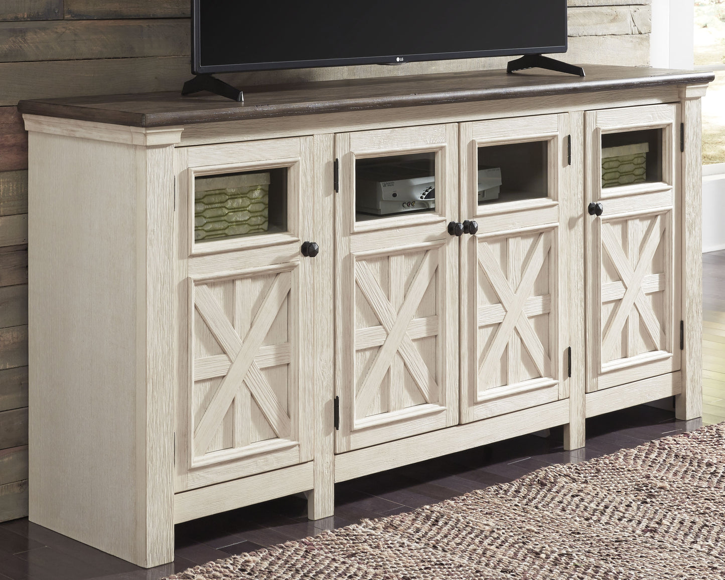Stuart Furniture Outlet - Ashley Furniture - Bolanburg 74" TV Stand - 74" / White/Weathered Gray - W647-60