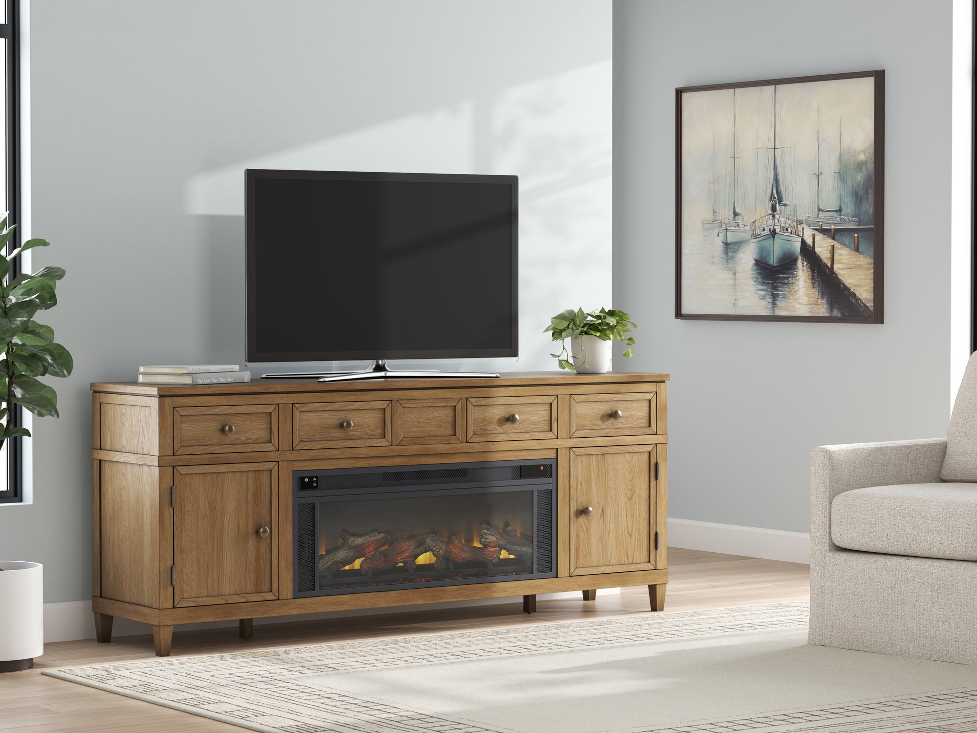 Stuart Furniture Outlet - Ashley Furniture - Sharlance 81" TV Stand with Electric Fireplace - 81" TV Stand with Electric Fireplace / Light Brown - W655W1