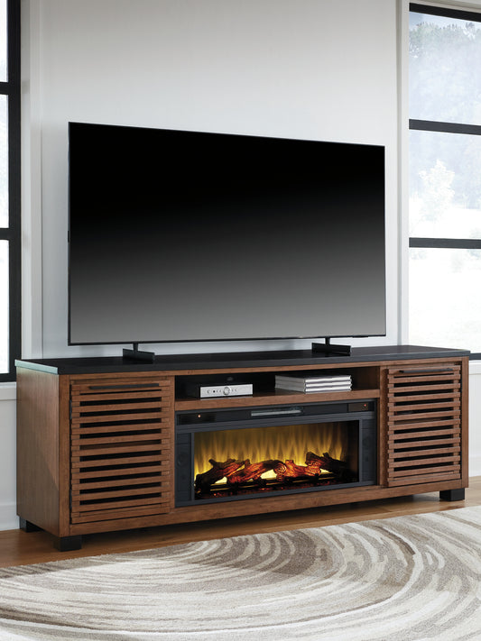 Stuart Furniture Outlet - Ashley Furniture - Kallari 84" TV Stand with Electric Fireplace - 84" TV Stand with Electric Fireplace / Warm Brown/Black - W737W1