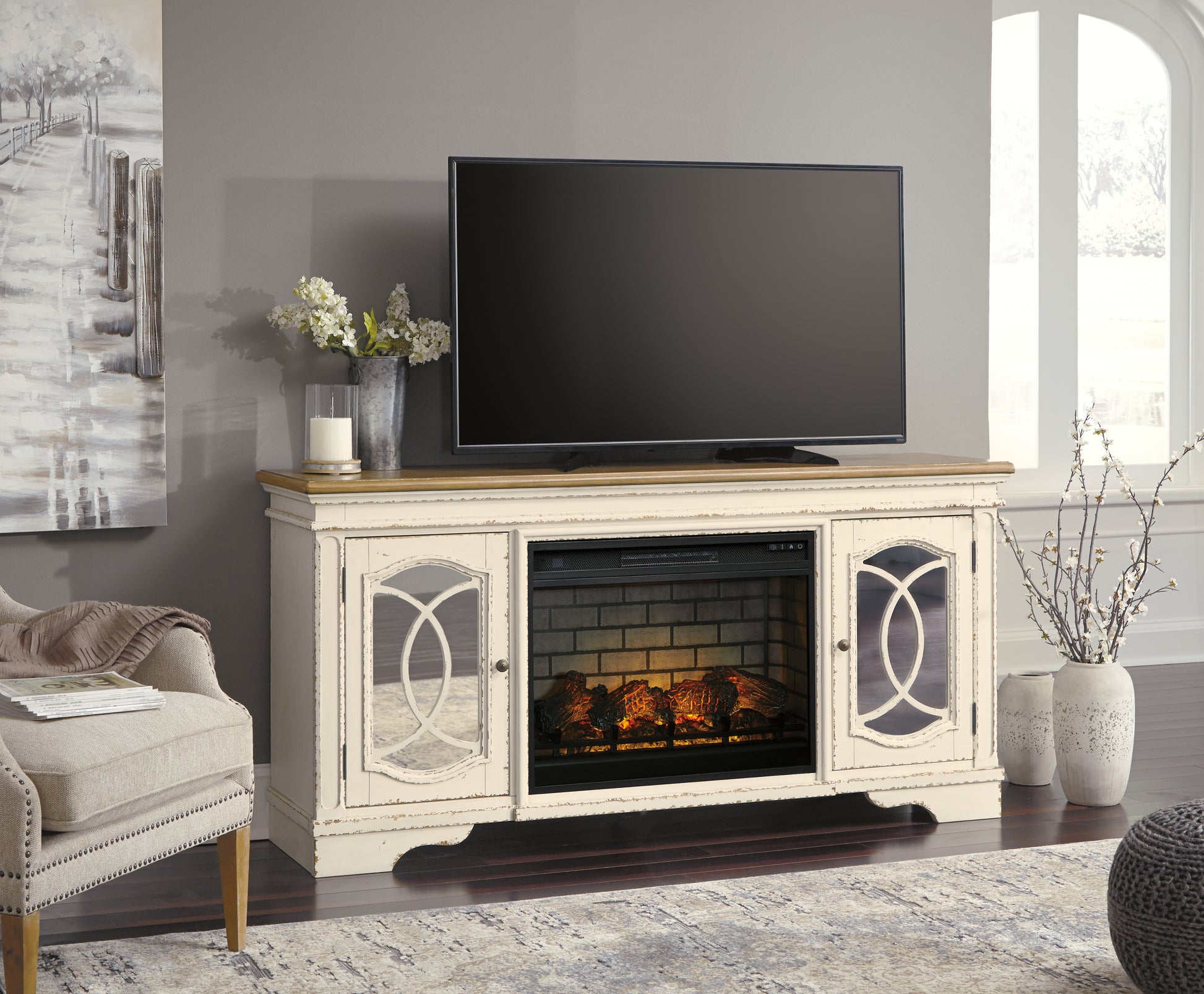 Stuart Furniture Outlet - Ashley Furniture - Realyn 74" TV Stand with Electric Fireplace - 74" TV Stand with Electric Fireplace / Chipped White - W743W2