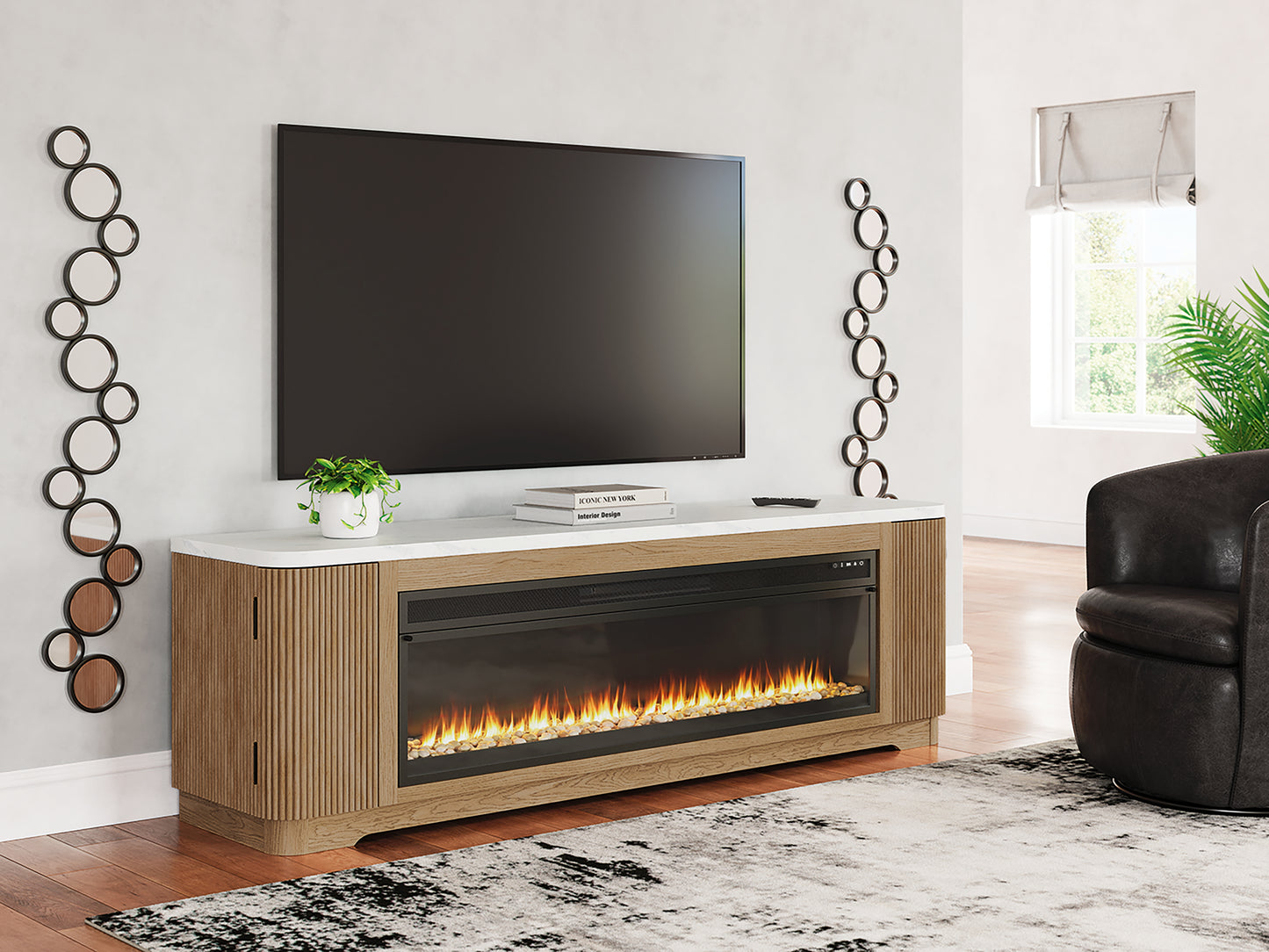 Stuart Furniture Outlet - Ashley Furniture - Camdill 80" TV Stand with Electric Fireplace - 80" TV Stand with Electric Fireplace / Light Brown - W808W1