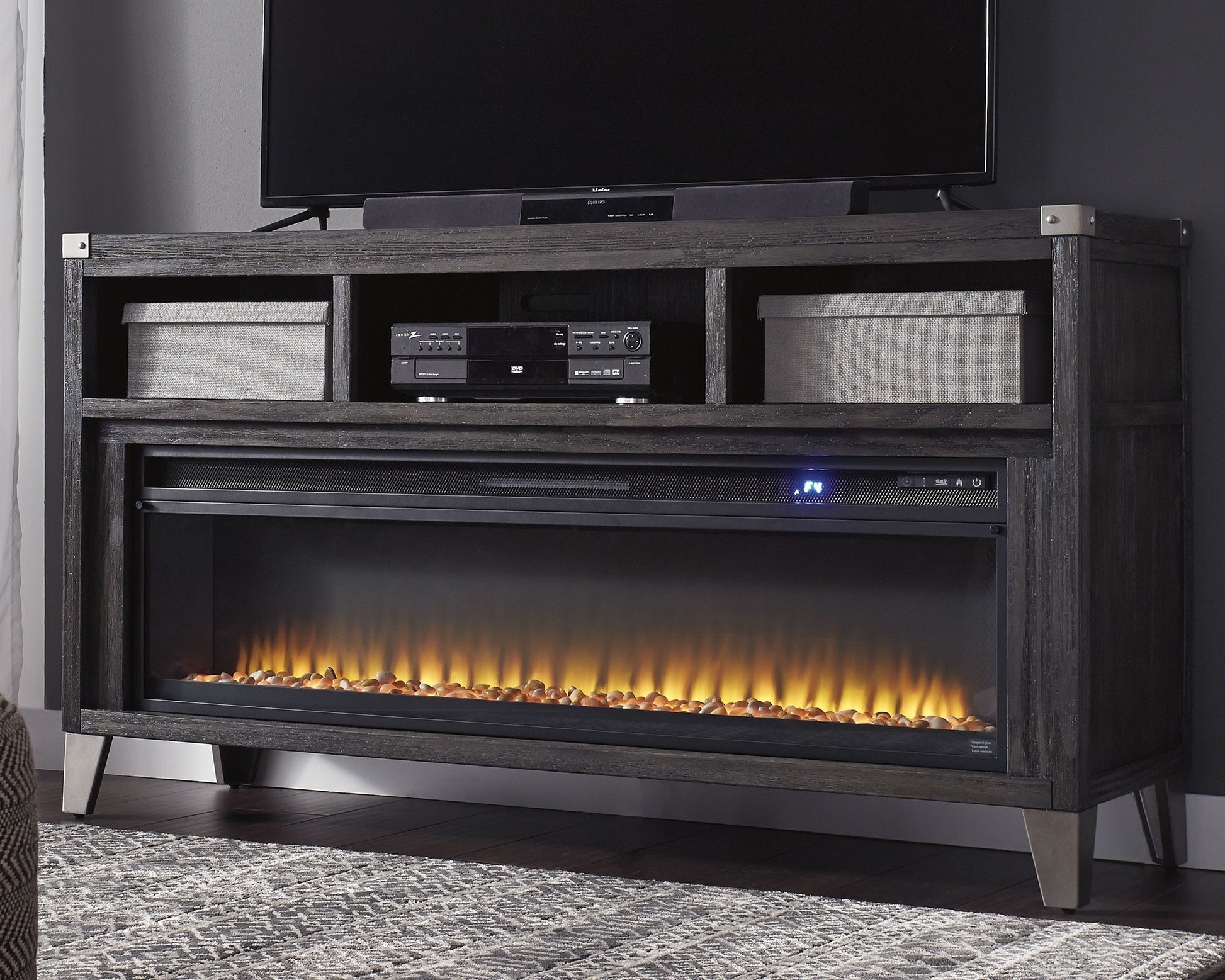 Stuart Furniture Outlet - Ashley Furniture - Todoe 65" TV Stand with Electric Fireplace - 65" TV Stand with Electric Fireplace / Gray - W901W1