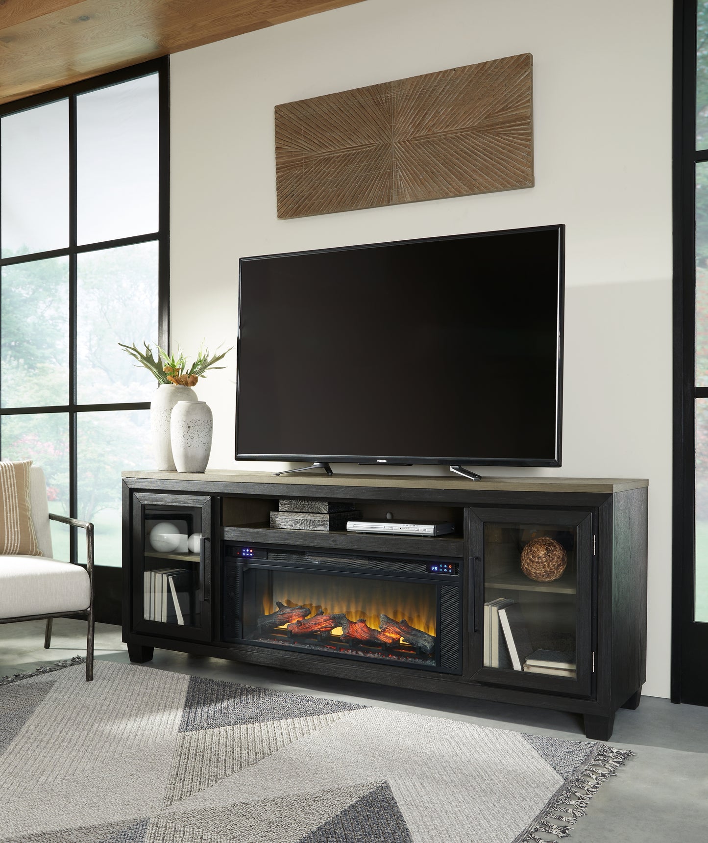 Stuart Furniture Outlet - Ashley Furniture - Foyland 83" TV Stand with Electric Fireplace - 83" TV Stand with Electric Fireplace / Black/Brown - W989W1